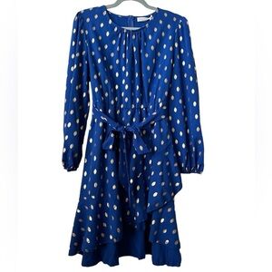 Blue With Gold Leaf Accent Long Sleeves Hi Lo Large Dress BNWT